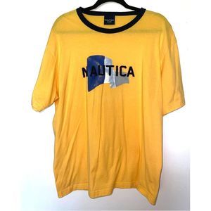 Nautica Y2K Yellow Mens T Shirt Size Large Blue Flag‎